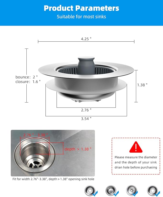 Hibbent 2 Pack Upgraded 3 in 1 Kitchen Sink Drain Strainer and Stopper Combo, Stainless Steel Metal Pop Up Sink Stopper, 6 Anti-Clogging Basket Strainers with Handle for US Standard 3-1/2 Inch Drain