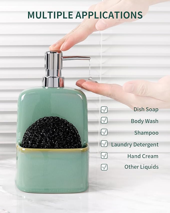 BosilunLife Dish Soap Dispenser - Sage Green Ceramic Kitchen Soap Dispenser with Sponge Holder Matte Ceramic Soap Daddy Dispenser 20oz for Kitchen Soap Pump and Sponges Caddy