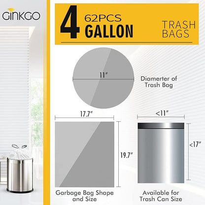 4 Gallon Trash Bags Drawstring, White Small Garbage Bags for Bathroom, Unscented 15 Liter Plastic Wastebasket Liners, 62 Count