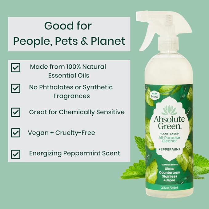 Absolute Green All Purpose Cleaner Spray, Non-Toxic, Kitchen, Bathroom, Countertop, Windows, Safe around Kids and Pets, Natural Peppermint Scent, 25 oz (1 Pack)