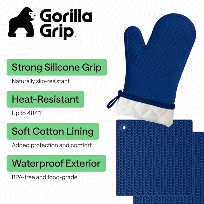 GORILLA GRIP BPA-Free Soft Silicone Oven Mitts and Pot Holders Sets of 4, Heat Resistant Waterproof Cooking Gloves, Thick Cotton Lining, Flexible Gripping for Baking Grilling, Kitchen Trivets, Blue