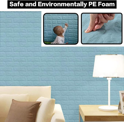 10 PCS Blue 3D Wall Panels, 14.5 sq.feet Coverage, Printable Wallpaper Sticker with Self-Adhesive Waterproof Brick PE Foam Wall Panels Peel and Stick for Interior Wall Decor, Home Decoration