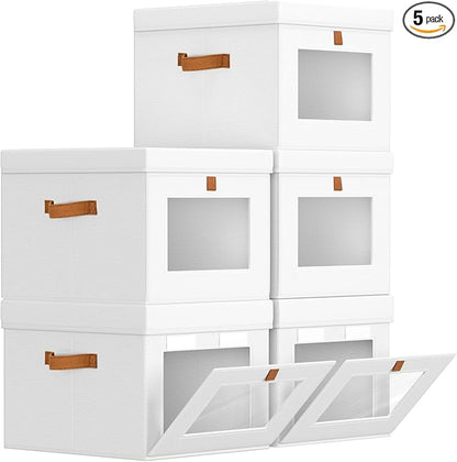 Storage Bins with Lid – Closet Organizer with Side Opening and Clear Window, Foldable Stackable Fabric Basket for Clothes, Home, Office - 13.77" x 11.8" x 9.8", 5 Pack, White
