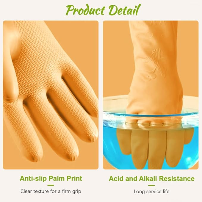 2 Pairs Rubber Dishwashing Cleaning Gloves, Reusable Latex Free Kitchen Dish Gloves with Cotton Lined, Non-Slip Waterproof Household Gloves for Laundry, Working, Gardening (Yellow & Green)