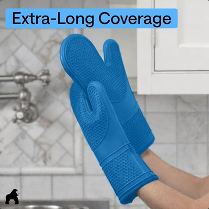 GORILLA GRIP BPA-Free Soft Silicone Oven Mitts, 14.5x8.3, Heat Resistant and Waterproof Cooking Gloves, Thick Cotton Lining, Flexible Gripping for Baking Grilling, Kitchen Potholders Set of 2, Aqua