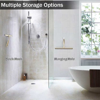 Shower Squeegee with Self Adhesive Hook, 14 Inches Stainless Steel Squeegee Cleaner, All-Purpose Window Scraper for Bathroom Doors, Mirror, Windows and Car Glass, Light Gold