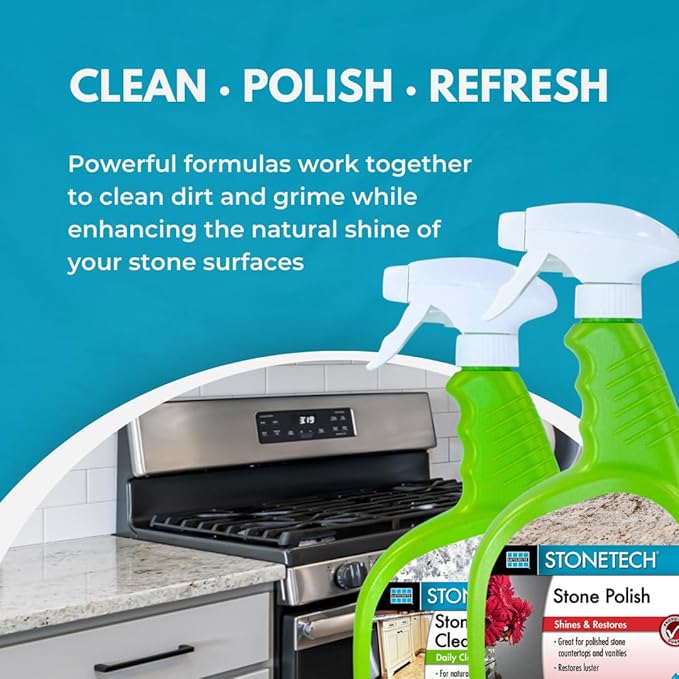 StoneTech Stone & Tile Cleaner and Stone Polish Duo – Daily Cleaner & Polish for Granite, Marble, Quartzite, Travertine – Removes Dirt & Restores Shine – 2 Microfiber Cloths – Fresh Scent