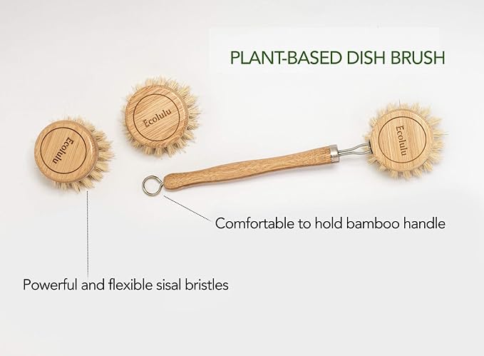 ECOLULU Natural Bamboo Dish Brush & Wood Bottle Brush for Wide Mouth Bottles, Cups and Jars, 2 Replacement Heads included (4 units total) Biodegradable, Eco Friendly Products