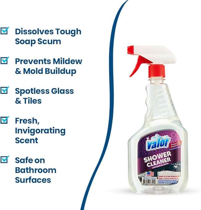 Valor Shower Cleaner Spray – Soap Scum & Hard Water Stain Cleaning Solution for Bathroom, Tub & Tile, (32 Fl Oz (Pack of 3))