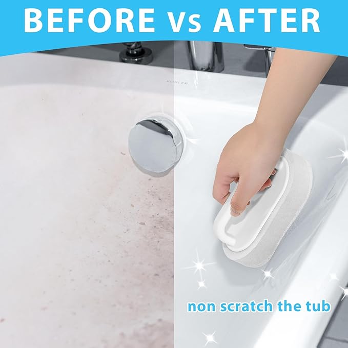 Handle Bath Tub Scrubber, Non Scratch Bathroom Scouring Pad, Bathtub Scrubber Soap Scum Remover for Shower Tile Grout Sink Pool Step & Corner, Heavy Duty Cleaning Sponge Scrub, 2 PCS