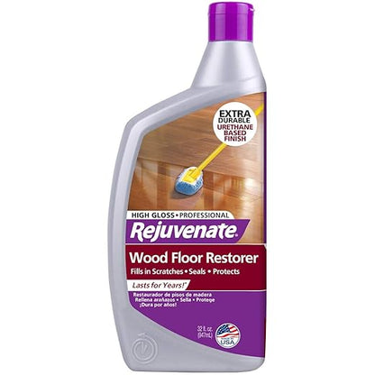 Rejuvenate Professional Wood Floor Restorer and Polish with Durable Finish Easy Mop On Application High Gloss Finish 32oz and Rejuvenate Cabinet And Furniture Restorer Fills In Scratches, Shines And Protects Indoor Cabinets And Furniture, 16 Ounces