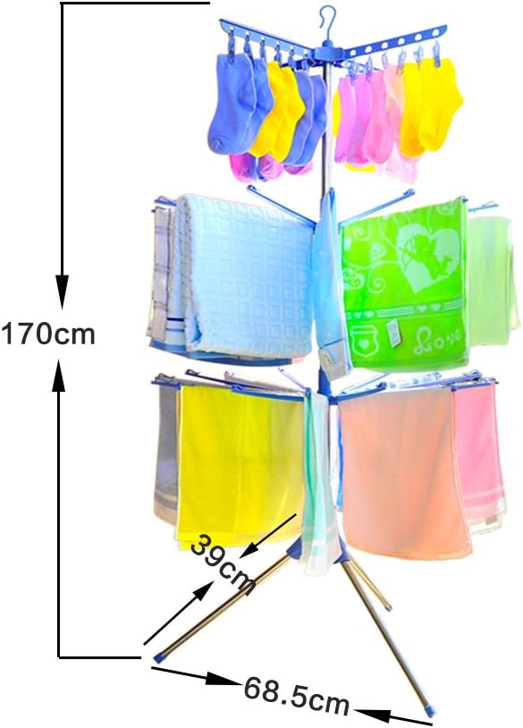 BAOYOUNI Folding Clothes Drying Rack 3-Tier Indoor Outdoor Space Saving Stand Hanger with 24 Clips and 32 Towels Bars for Baby Clothes, Cloth Diapers, Socks, Bras, Towels, Underwear (Blue)