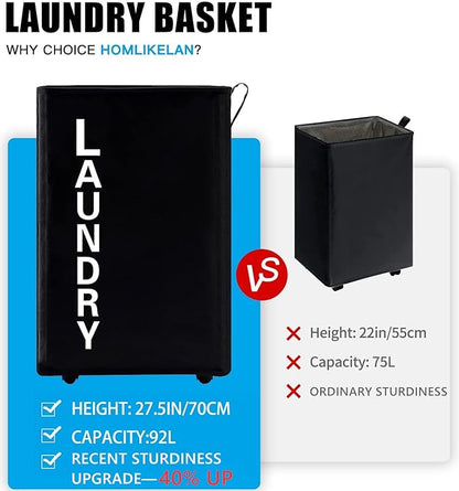 92L Extra Large Rolling Laundry Basket with Leather Handle,Tall Laundry Hamper on Wheels,Laundry Bin,Rolling Laundry Cart Black