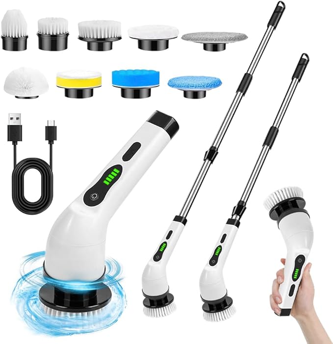 Electric Shower Spin Scrubber, Scrub Brush Floor Scrubber with Long Handle, Electric Cleaning Brush with 9 Replaceable Heads, for Bathroom Kitchen Tile Grout Shower Car Cleaning Supplies﻿