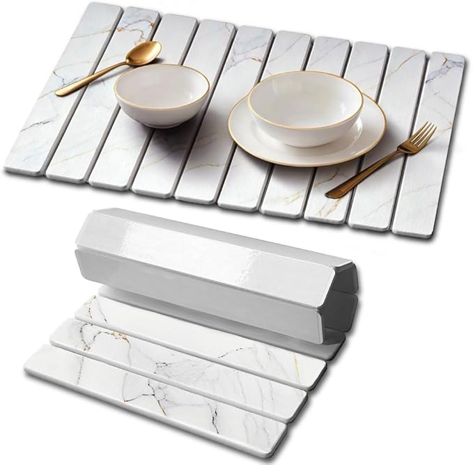 Stone Drying Mat for Kitchen Counter, Quick Diatomaceous Earth Mats for Dishes, 24" x 16" W Super Absorbent Fast-Drying Collapsible Countertop Stone Mat (Marble Gold White, Extra Large)