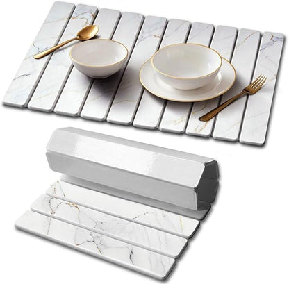 Stone Drying Mat for Kitchen Counter, Quick Diatomaceous Earth Mats for Dishes, 24" x 16" W Super Absorbent Fast-Drying Collapsible Countertop Stone Mat (Marble Gold White, Extra Large)