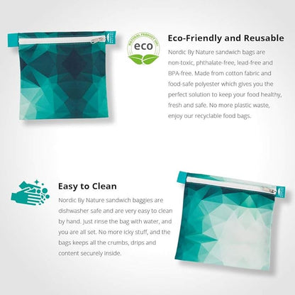 Nordic By Nature 4 Pack - Reusable Sandwich Bags Dishwasher Safe BPA Free - Durable Washable Quick Dry Cloth Baggies -Reusable Snack Bags School Lunches - Easy Open Zipper - (Turquoise)