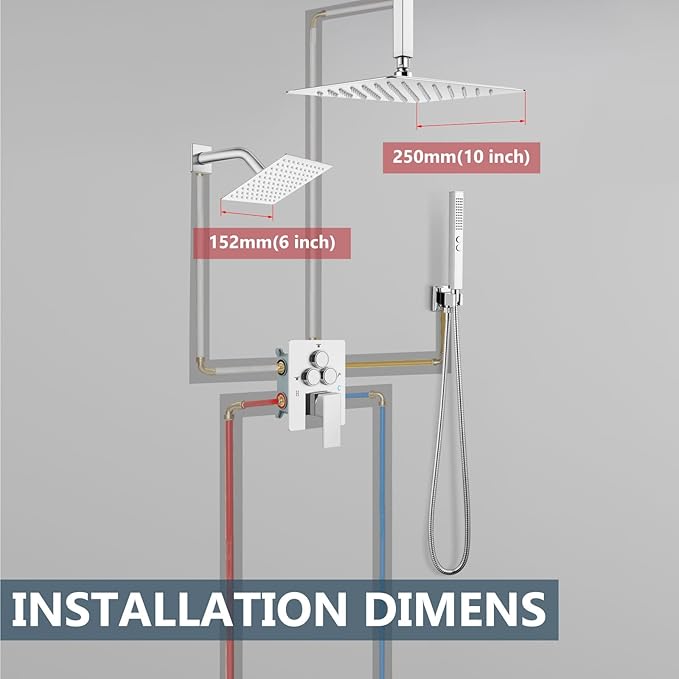 Aolemi Shower Faucet Set Ceiling Mount Shower System Rough-in Valve and Shower Trim Kit 2 in 1 Handheld Spray Push Button Diverter 10 and 6 Inch Dual Shower Head Polish Chrome