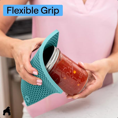 GORILLA GRIP BPA-Free Soft Silicone Oven Mitts and Pot Holders Sets, Heat Resistant Waterproof Cooking Gloves, Thick Cotton Lining, Flexible Gripping for Baking Grilling, Kitchen Trivets, Turquoise
