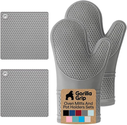 GORILLA GRIP BPA-Free Soft Silicone Oven Mitts and Pot Holders Sets of 4, Heat Resistant Waterproof Cooking Gloves, Thick Cotton Lining, Flexible Gripping for Baking Grilling, Kitchen Trivets, Gray