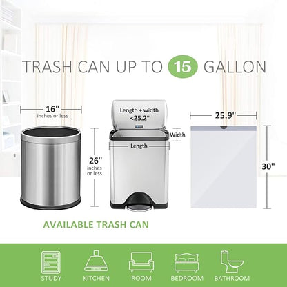 Teivio 15 Gallon 60 Counts Strong Tall Kitchen Drawstring Trash Bags, Medium Plastic Garbage Bags for Home Kitchen Office Garden Outdoor Tall Trash Can, Waste Bin Liners White