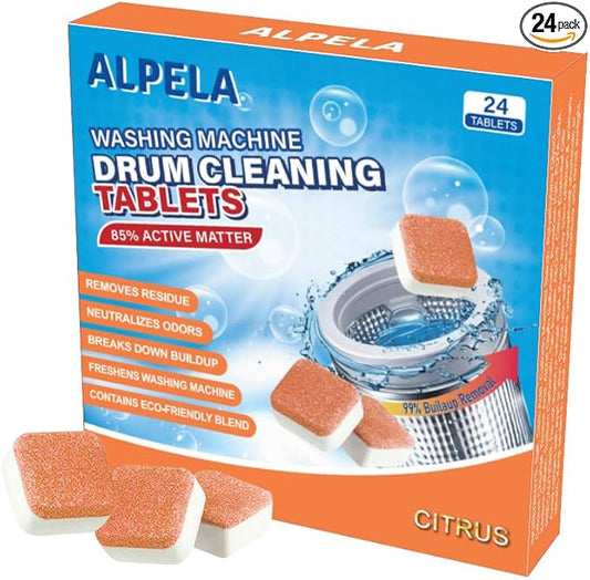 Citrus Washer Cleaner Tablets 24 Count – Septic Safe Washing Machine Cleaner & Odor Eliminator – Deep Cleaning Descaler for HE Front & Top Load Washers – Laundry Tub & Drum Cleaner