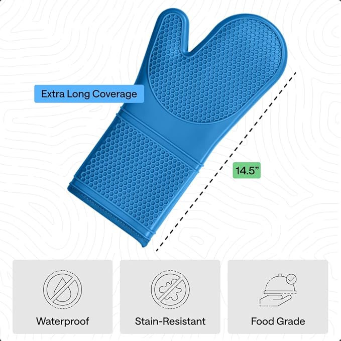 GORILLA GRIP BPA-Free Soft Silicone Oven Mitts, 14.5x8.3, Heat Resistant and Waterproof Cooking Gloves, Thick Cotton Lining, Flexible Gripping for Baking Grilling, Kitchen Potholders Set of 2, Aqua