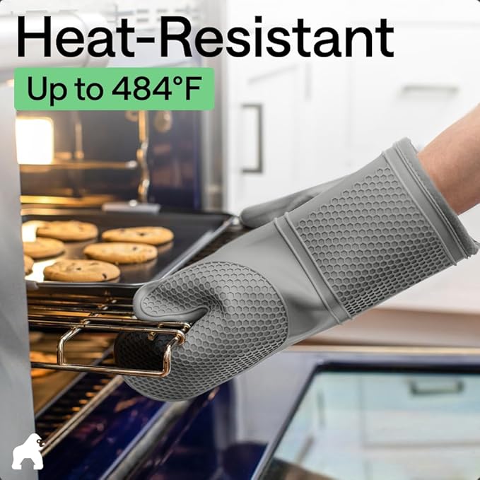 GORILLA GRIP BPA-Free Soft Silicone Oven Mitts, Heat Resistant and Waterproof Cooking Gloves, Thick Cotton Lining, Flexible Gripping for Baking Grilling, Kitchen Potholders Set of 2, 12.5x8.3, Gray