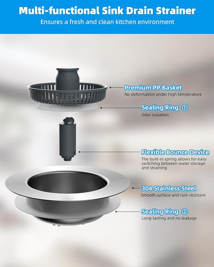 Hibbent Upgraded 3 in 1 Kitchen Sink Drain Strainer and Stopper Combo, Stainless Steel Metal Pop Up Sink Stopper, 3 Anti-Clogging Basket Strainer with Handle for US Standard 3-1/2 Inch Drain