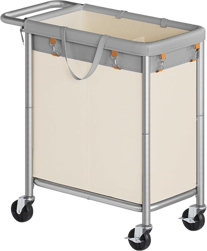 SONGMICS Laundry Basket with Wheels, 2-Section Rolling Laundry Hamper, 37 Gallons (140 L), Removable Liner, Steel Frame with Handle, 27.2 x 15.4 x 31.9 Inches, Dove Gray and Cream White URLS004GD02