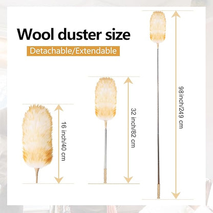 Lambswool Extendable Duster, 32-98 Inch Anti-Static Flexible Head Stainless Steel Pole for High Ceilings, Fans, Interior & Roof Dusting(one Pack)
