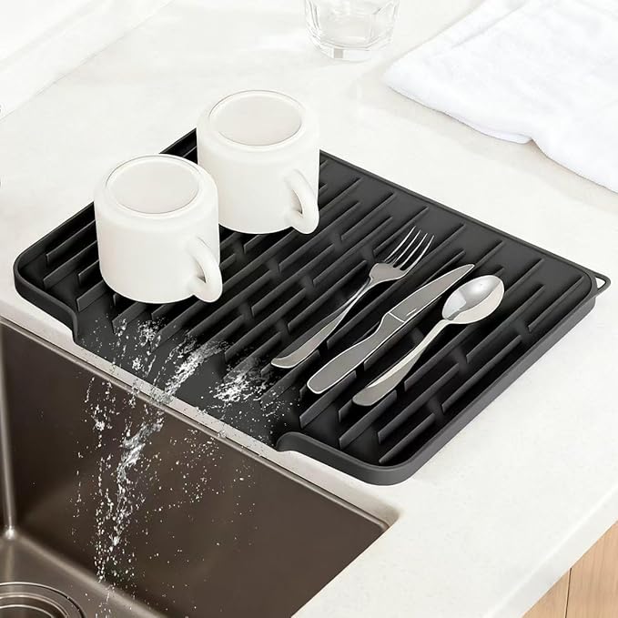 Silicone Kitchen Countertop Dish Drying Mat with Water Collection Tray Non-Slip Pad ( Black)