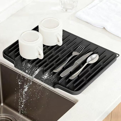 Silicone Kitchen Countertop Dish Drying Mat with Water Collection Tray Non-Slip Pad ( Black)