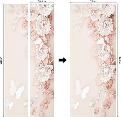 A.Monamour 3D Door Stickers for Interior Doors Pink White Flowers Floral Background Vinyl Waterproof Self Adhesive Door Mural Decals for Bedroom Office Bathroom 77x200cm