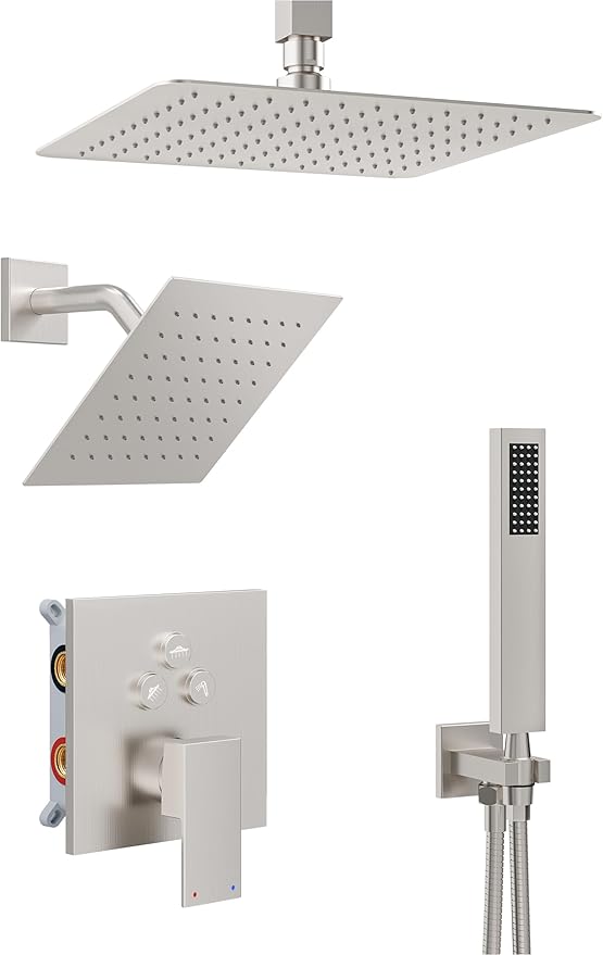 Shower System, Shower Faucet Set with 3 In 1 Push Button Valve, Shower Faucet included 10" Ceiling Shower Head and 8" Wall-Mount Shower Head with Handheld Spray, Brushed Nickel