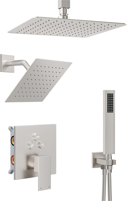 Shower System, Shower Faucet Set with 3 In 1 Push Button Valve, Shower Faucet included 10" Ceiling Shower Head and 8" Wall-Mount Shower Head with Handheld Spray, Brushed Nickel