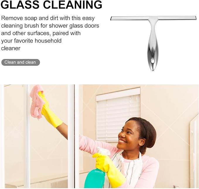 Toyvian Stainless Steel Shower Squeegee and Window Squeegee with 10-inch Blade and Adhesive Hook, Glass and Mirror Cleaner for Bathroom, Car, and Shower Door Use
