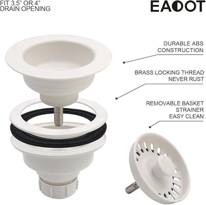 3-1/2 Inch Polymer White Sink Drain Assembly with Basket Strainer and Stopper for Quartz, Granite or Fireclay Kitchen Sinks, with 2 Removable Basket Strainers