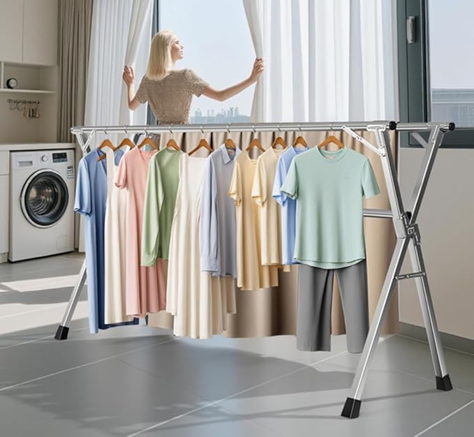 95 Inches Heavy-Duty Stainless Steel Folding Clothes Drying Rack Clothing Indoor Outdoor Anti-Rust 20 Windproof Hooks Portable & Foldable Laundry Rack (95'')
