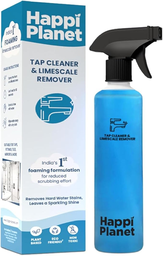 Hap-Pi Planet Tap Cleaner & Limescale Remover | Foaming Bathroom & Hard Water Stain Cleaner | Non-Toxic Plant-Based Formula | Multipurpose Cleaner for Tap, Shower, Tiles, Mirror & Sink | 500ml