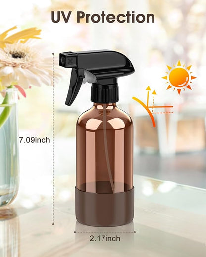Bontip Glass Spray Bottle with Silicone Sleeve Protection, Amber Glass Spray Bottle Set for Window Cleaner Aromatherapy Facial Hydration Watering Flowers Hair Care 2 Pack/8 oz (Black & Brown)