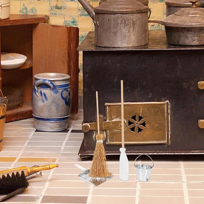 Miniature Dollhouse Cleaning Set Mini Floor Mop Bucket Broom Dustpan Models Housework Tool Decoration Accessories for DIY 1:12 Scale Fairy Garden Micro Landscape
