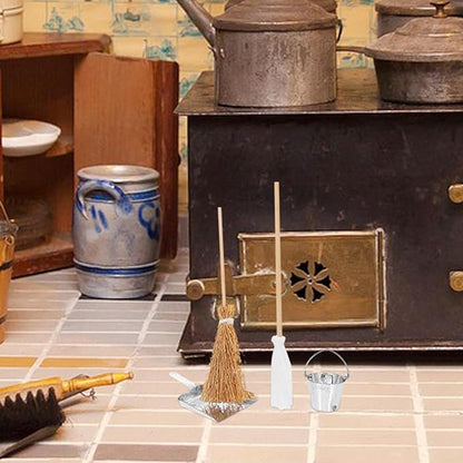Miniature Dollhouse Cleaning Set Mini Floor Mop Bucket Broom Dustpan Models Housework Tool Decoration Accessories for DIY 1:12 Scale Fairy Garden Micro Landscape