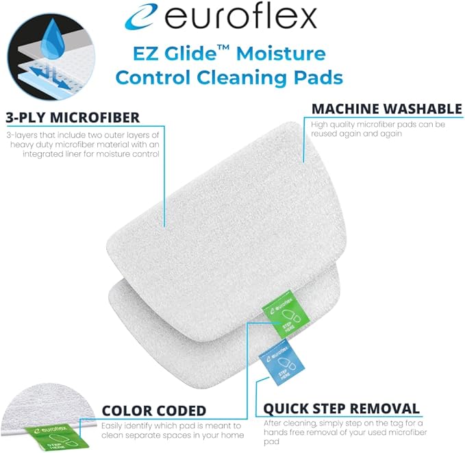 Euroflex Vapour EZ Glide™ Premium 3-Ply Microfiber Cleaning Pads; Upgraded with Secure-Fit™, 2-3x Greater Durability, Moisture Control & Absorbency; Reusable & Machine Washable (2 Pack)