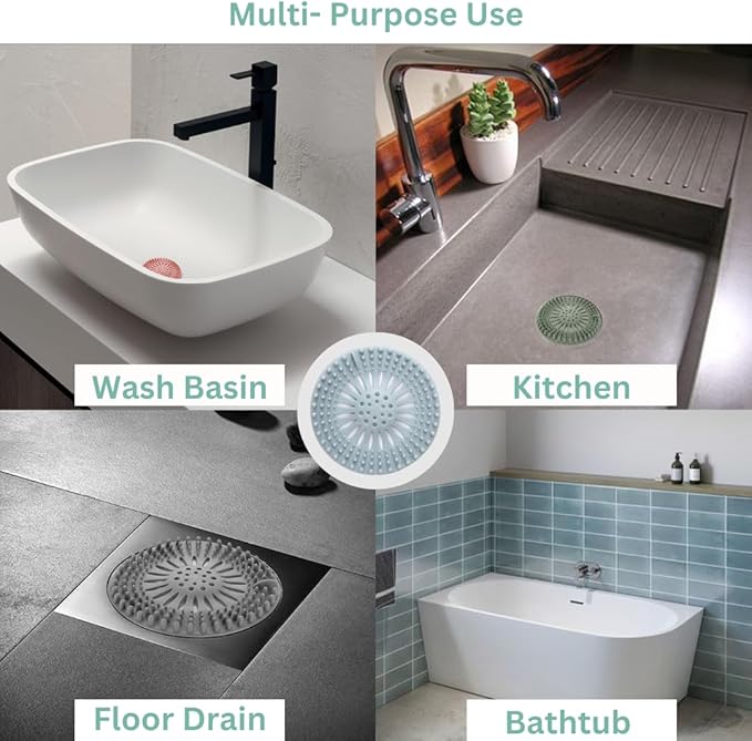Shower Drain Hair Catcher 4 Pack – Silicone Bathtub Drain Cover, Hair Catcher for Shower Drain, Anti-Clog Drain Protector for Bathroom Tub, Kitchen Sink & Laundry, Flexible Reusable Drain Strainer
