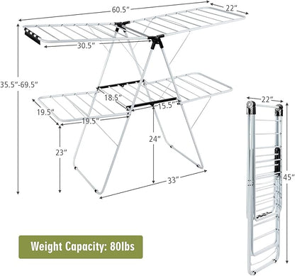 Tangkula Foldable Clothes Drying Rack, 2-Level Folding Drying Rack for Indoor Outdoor Use, Drying Rack Clothing w/Height-Adjustable Gullwing, 33 Drying Rails, Sock Clips