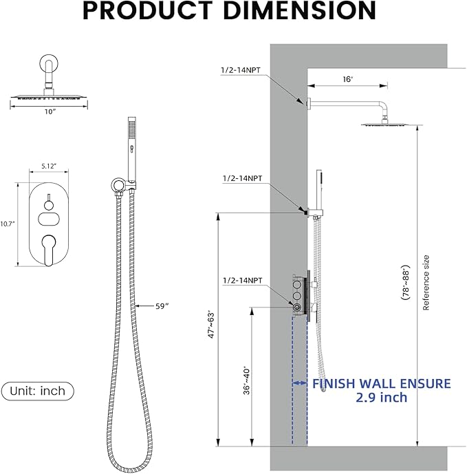 Round Shower Faucet Set with Hydro Power Temperature Display, Shower System Bathroom 10 Inch Shower Head with Handheld Spray, Wall Mounted Shower Fixtures with Shower Valve and Trim Kit, Matte Black