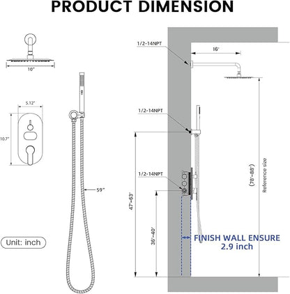 Round Shower Faucet Set with Hydro Power Temperature Display, Shower System Bathroom 10 Inch Shower Head with Handheld Spray, Wall Mounted Shower Fixtures with Shower Valve and Trim Kit, Matte Black