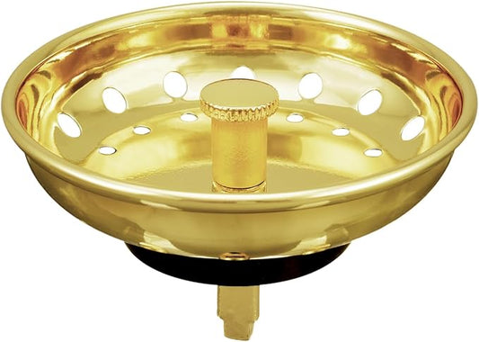 KONE Sink Drain Strainer Gold Sink Stopper and Strainer Stainless Steel Kitchen Sink Strainer Basket Replacement for 3-1/2 Inch Kitchen Sink, with Metal Center Knob and Rubber Drain Stopper
