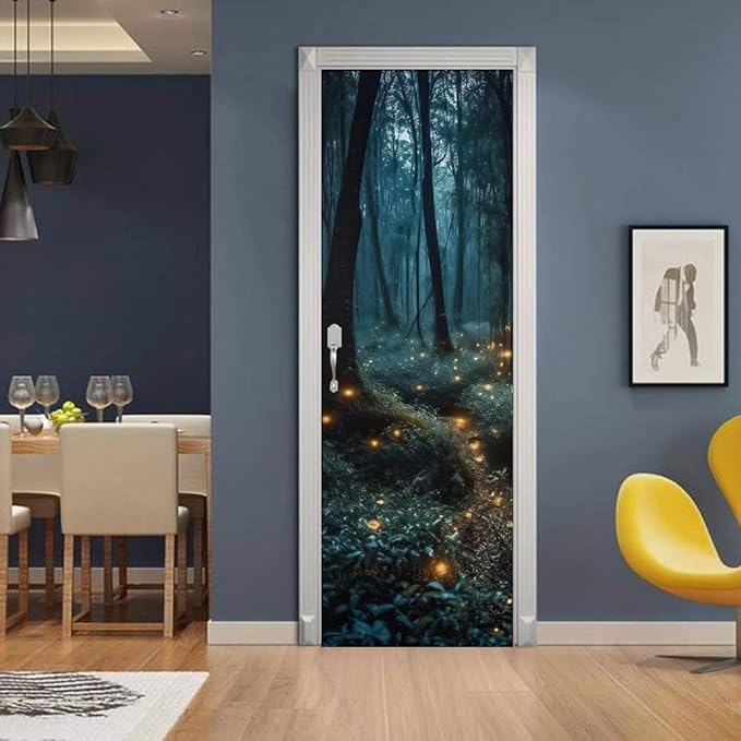 REDAMANCY Mystic Forest Tree Mushroom Firebee Peel and Stick Door Stickers Vinyl 3D Door Mural Decals Decor Wallpaper Self-Adhesive, Waterproof, Removable